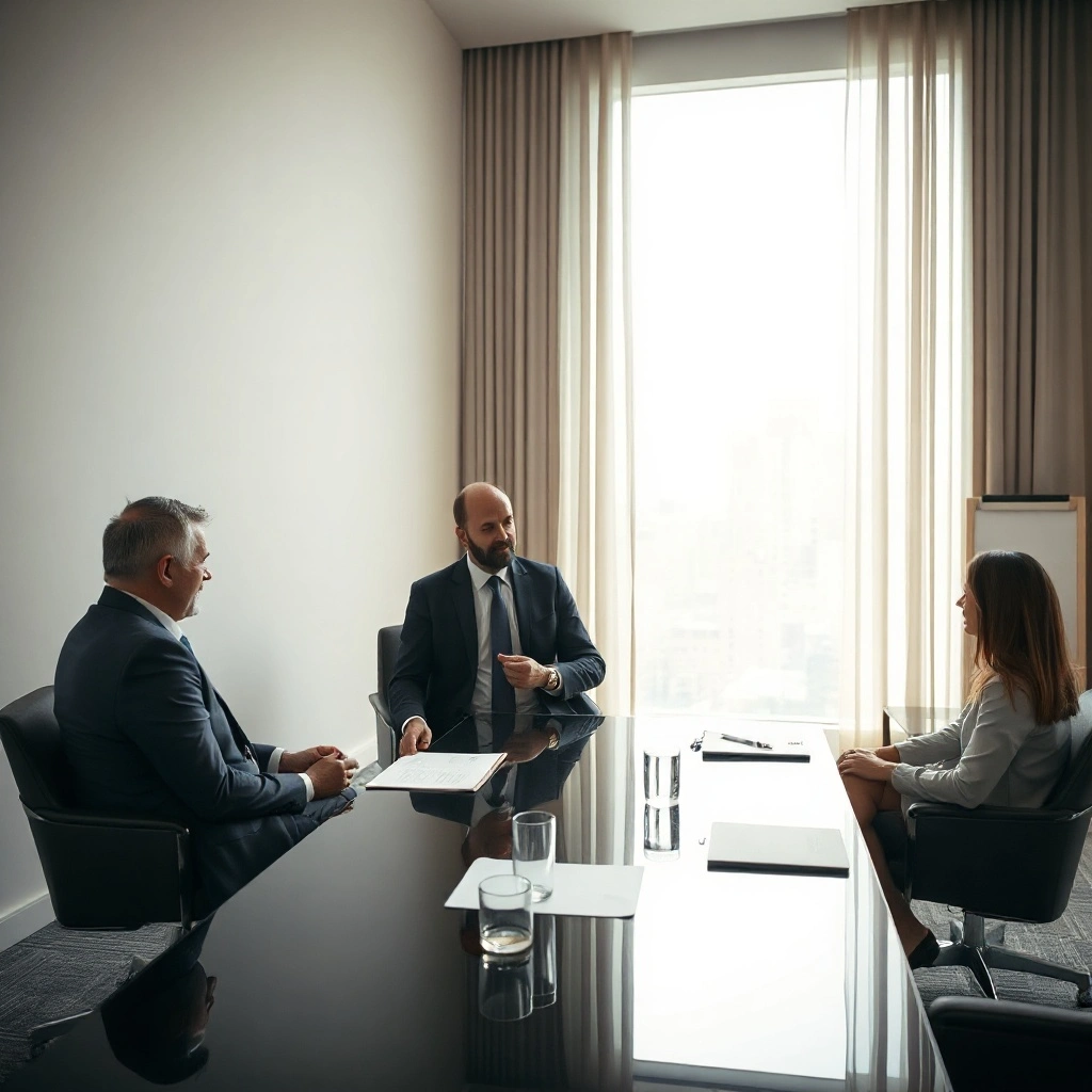 private client advisor discussing family trust structure with clients in modern boardroom