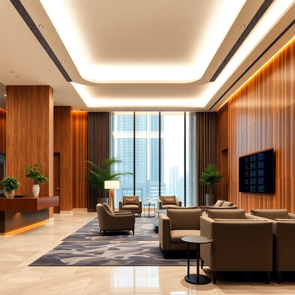 professional corporate banking interior Malaysia modern minimalist design soft warm lighting